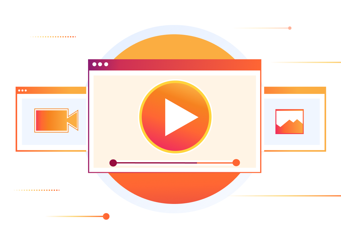 Illustrazione multimediale che mostra video, immagini e un lettore multimediale